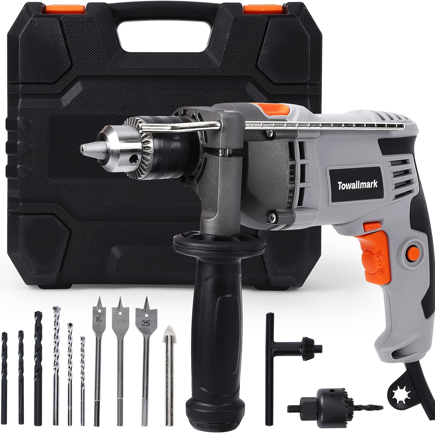 

7.5 Amp Hammer Drill, Housing, 1/2" Corded Hammer Drill, 3000 Rpm, Variable Speed, 15 Drill Bits, With Tool Box, For Home Improvement, Diy.