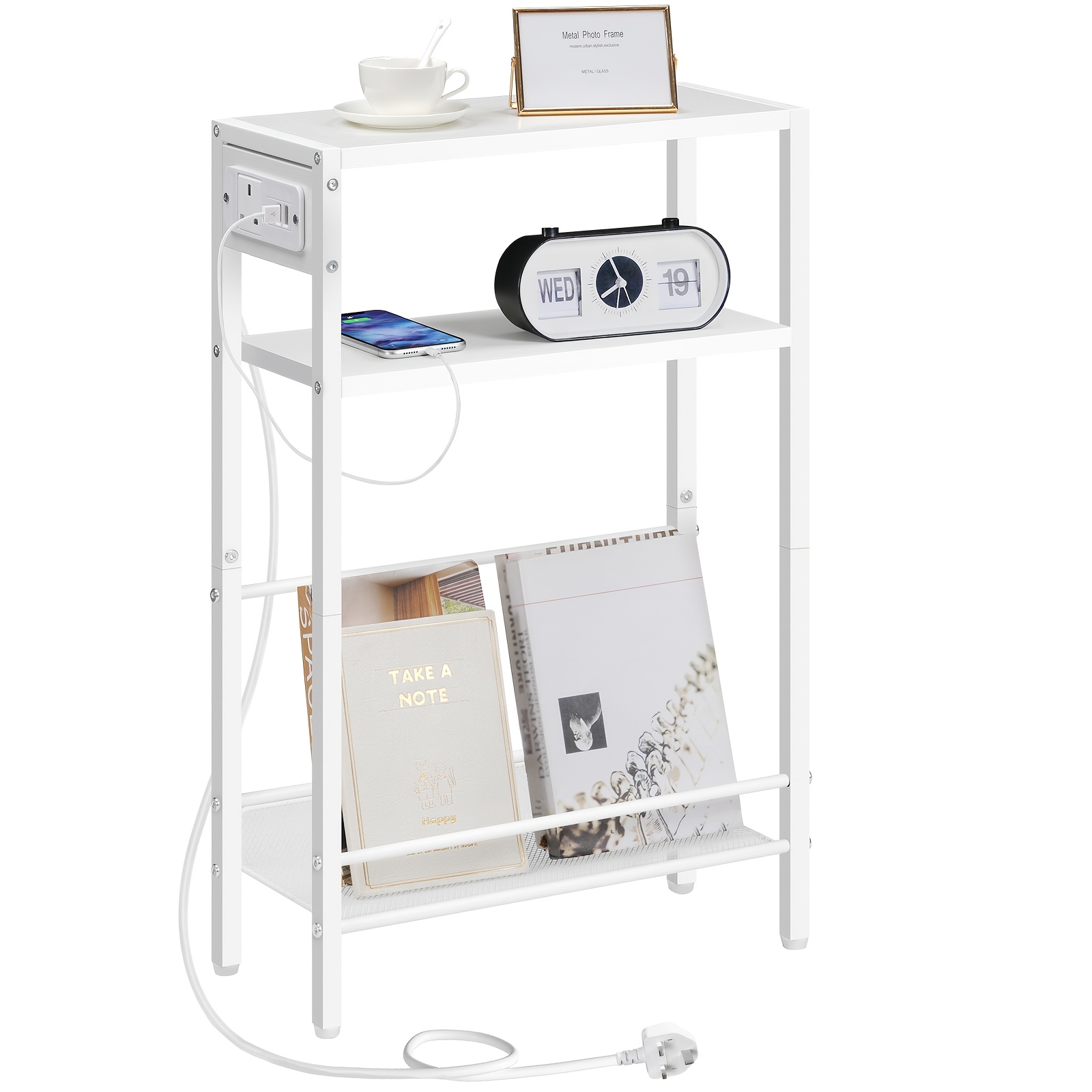 Slim Side Table with Charging Station, Narrow End Table for Small Spaces