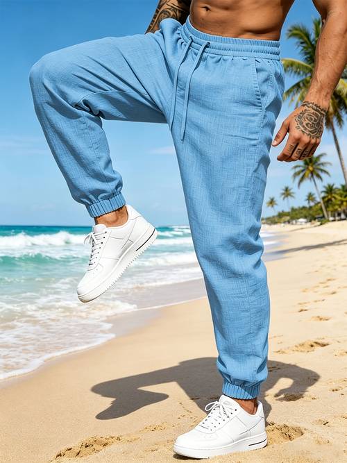 herren outdoor-jogginghose aus leinen, sportliche jogginghose mit kordelzug, maschinenwaschbar, lässig schlicht, für outdoor-sport im frühling/sommer, strandurlaub partys, ideales geschenk für männer