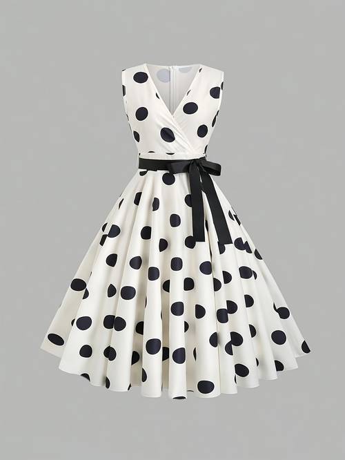 elegant french style 1950s classic large polka dot sleeveless v neck high waisted flared length dress