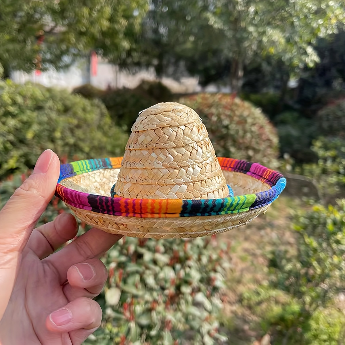 

Pack Of 1 Handwoven Pet Sombrero Hat - Small Breed Cotton & Linen Blend With Knit Fabric, Rainbow Trim & Secure Tether Attachment