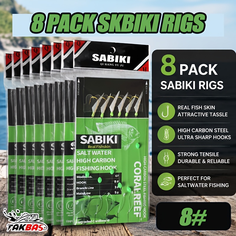 TEMU 8packs/48hooks Skin Sabiki Rig Fishing Lures, Dual Glow Effect Built- Light Spots Luminous Beads, High Carbon Hooks, Freshwater Saltwater Night