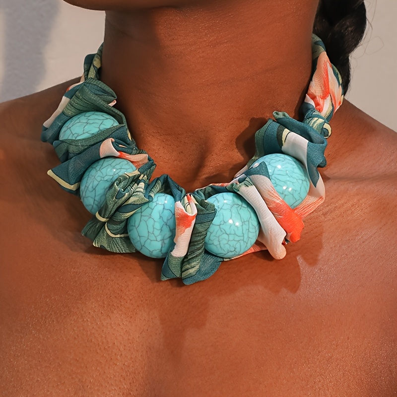 Bohemian Fabric Printed Faux Turquoise Necklace