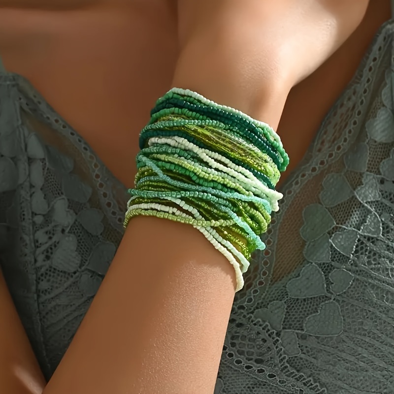 

Boho-chic Green Gradient Beaded Bracelet Set - 10/20pcs Multi-layer Stacking Bangles For Women | Perfect For Daily Wear & Parties