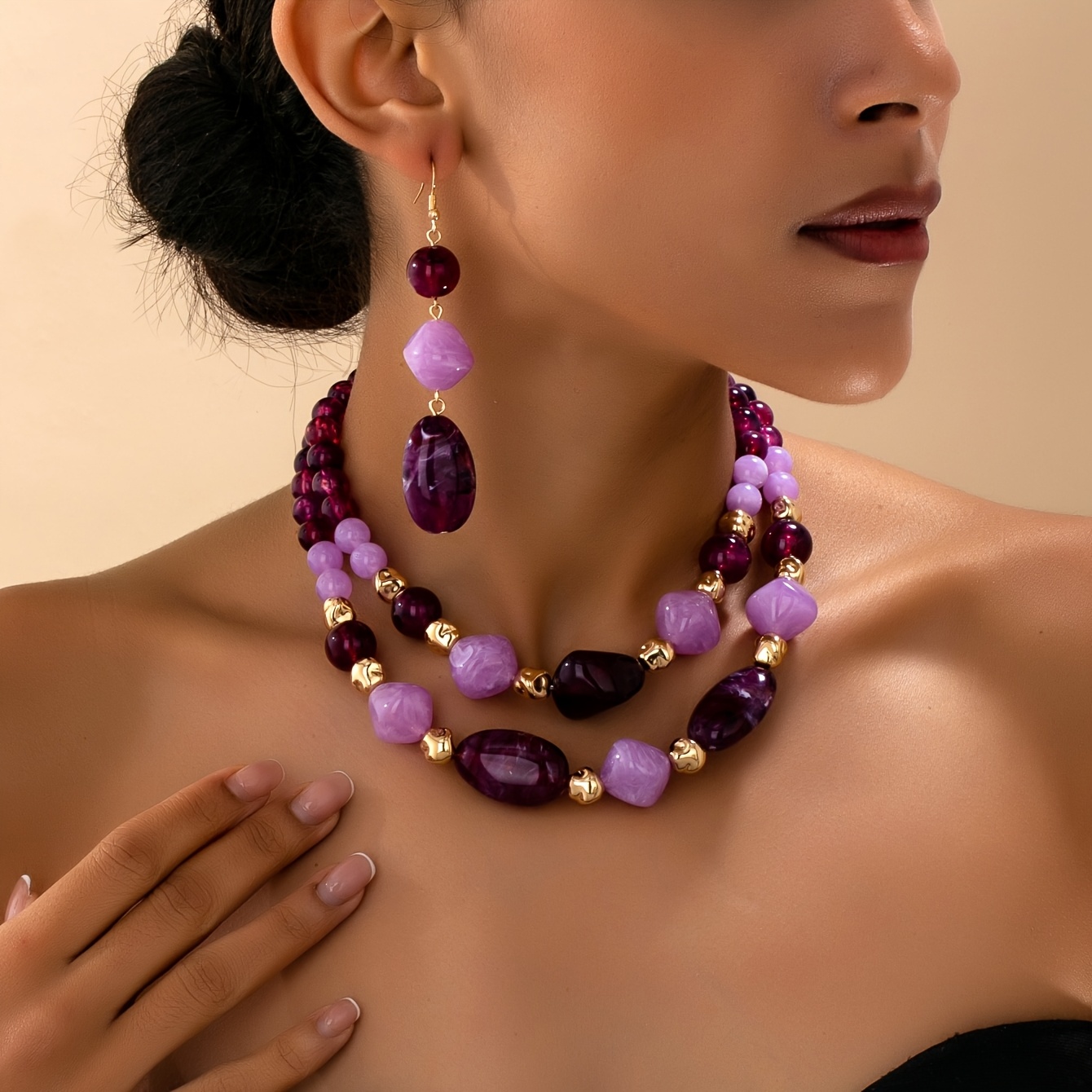 TEMU Un ensemble trois pièces élégant avec des chaînes de perles acryliques géométriques irrégulières, parfait pour les tenues de fête de tous pour
