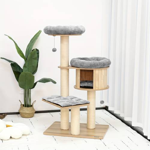 58 6 modern cat tree wood cat tree for large cats w condo removable cushions beige
