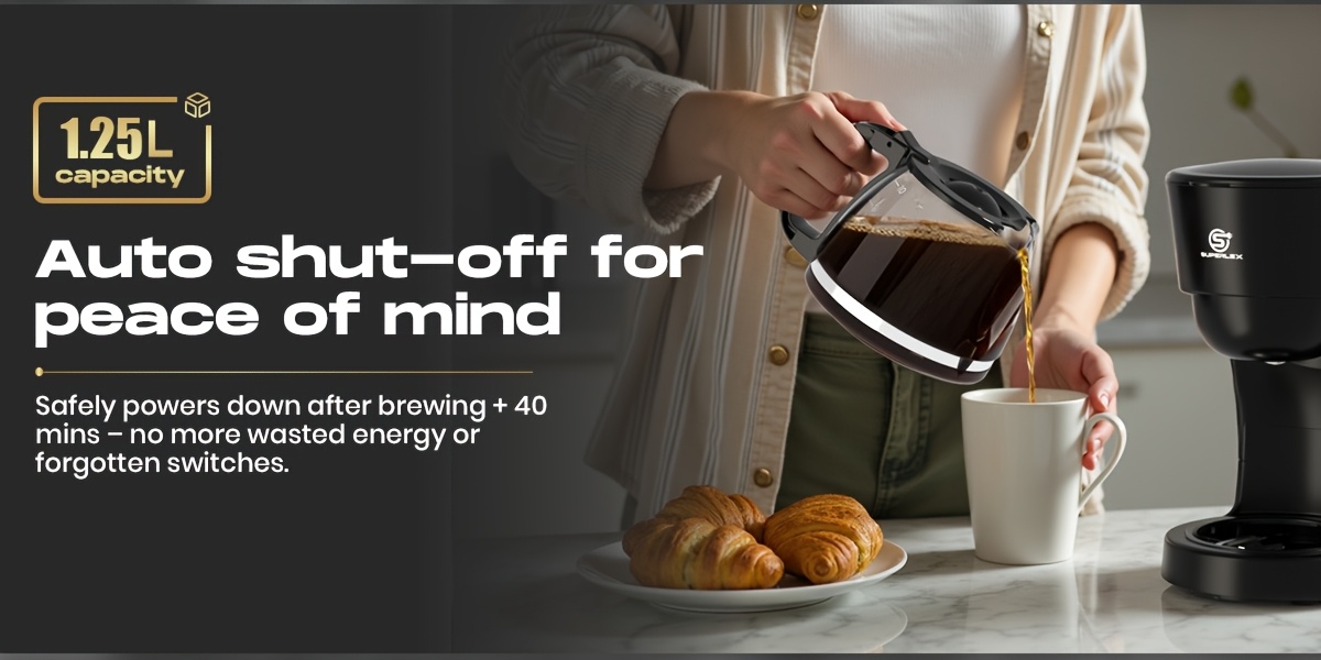 SUPERLEX 1.25L Drip Coffee Maker (10 Cups) 600W | Anti-Drip Auto Shut-Off | 40-Min Keep Warm (70°C or Higher) | Boil-Dry Protection | Dishwasher-Safe Glass Carafe