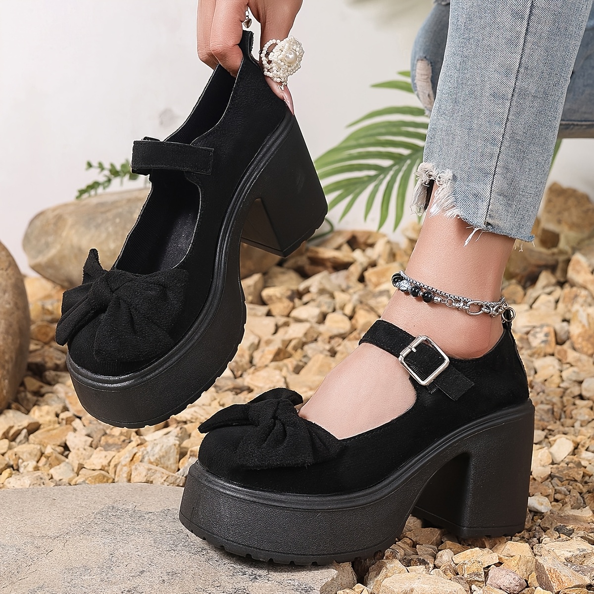 womens black velvet platform pumps bow detail comfortable Temu