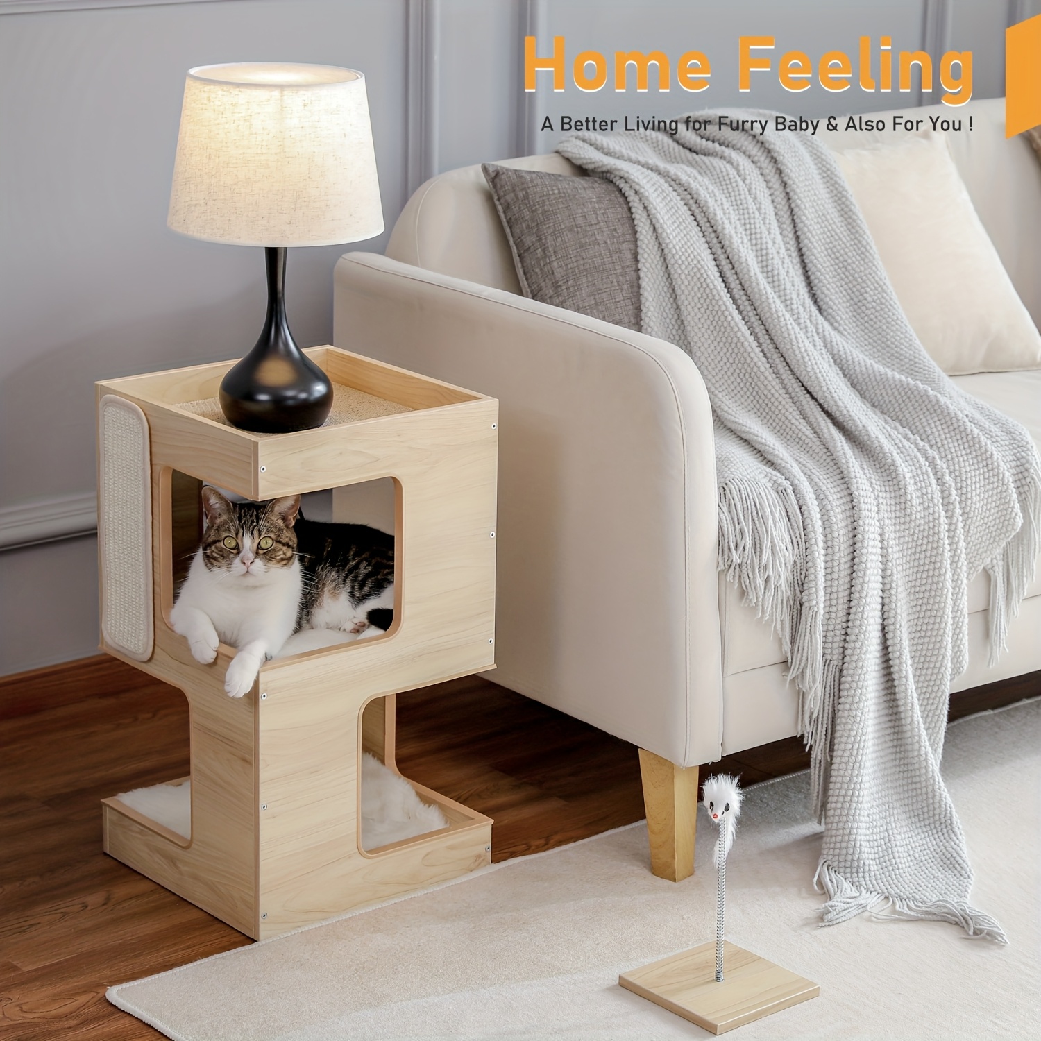 

Road 2-in-1 Cat Tree & Nightstand, Multi-level Perch With Removable Soft Blanket, Scratching Pad & Toy For Kittens, Sturdy Particle Board Construction, Modern , Ideal For , Cat Furniture