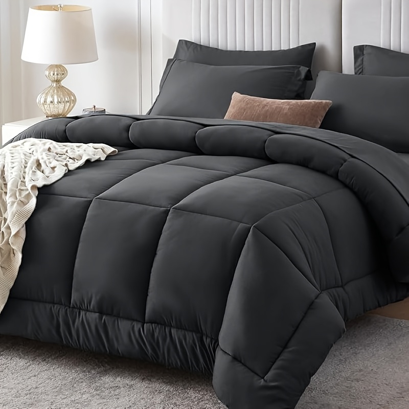 TEMU Queen Comforter Set, Black 7pcs Bed In A Bag Queen, Complete Bedding Set Includes Comforter, Flat Sheet, Fitted Sheet, Pillowcases And Pillow