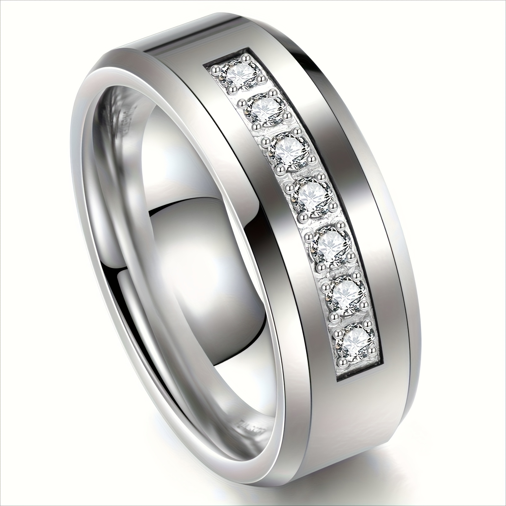 

Men's Sleek 8mm Silvery Ring With Cubic Zirconia - Usa Sizes 7-14, Includes Flannel Bag