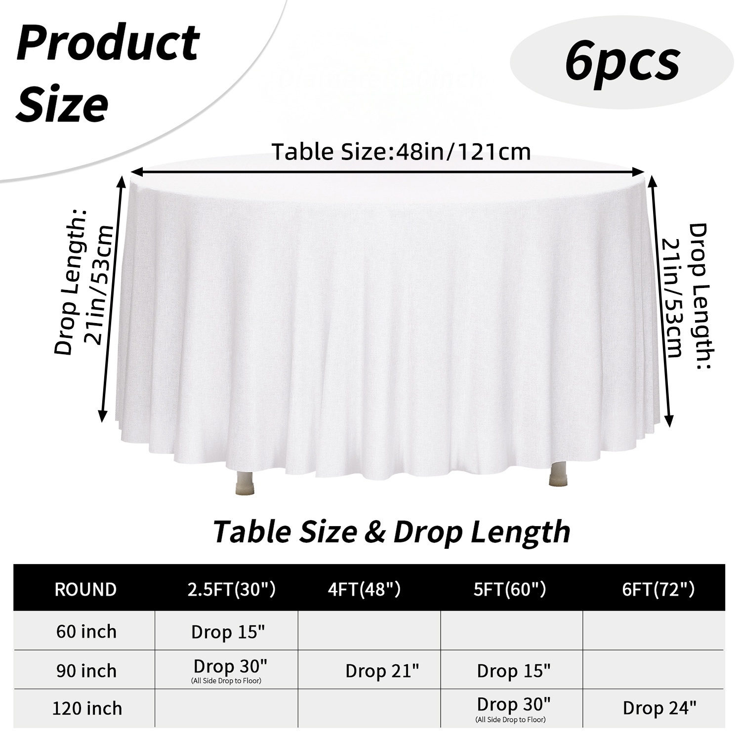 TEMU Whonline 6 Pack 60/90 Inch White Round Table Covers, Reusable Wrinkle Free Easy-clean Solid Color Polyester Cloth, Party Round Table Cloths Fit