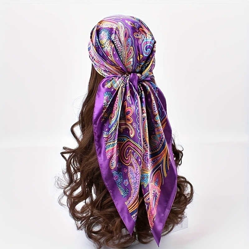 TEMU 1pc Elegant Paisley Pattern Square Scarf, 35.7" Polyester Satin-finish -like Beach & Party Accessory, Vibrant Red, Blue, Yellow, Orange & Gray