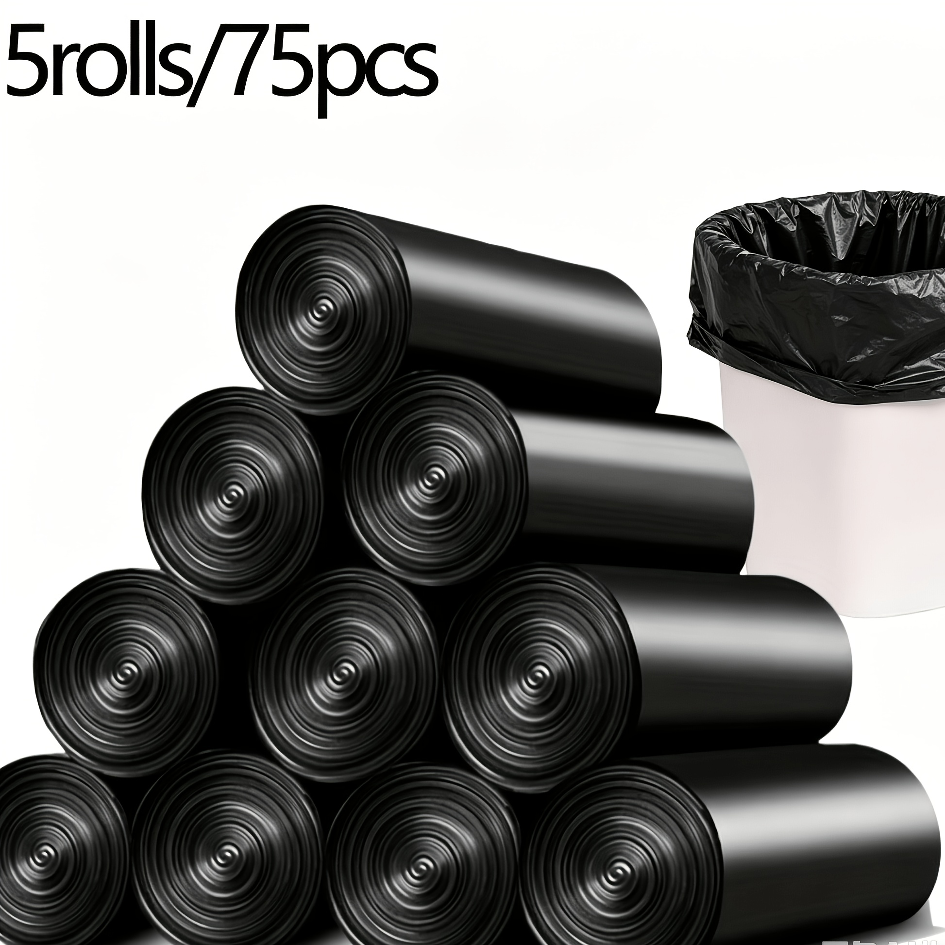 TEMU 5 Rolls, 75pcs Thickened Household Garbage Bags With Handles. Thickened And , With Super Strong Load-bearing Capacity And Excellent Toughness. 1