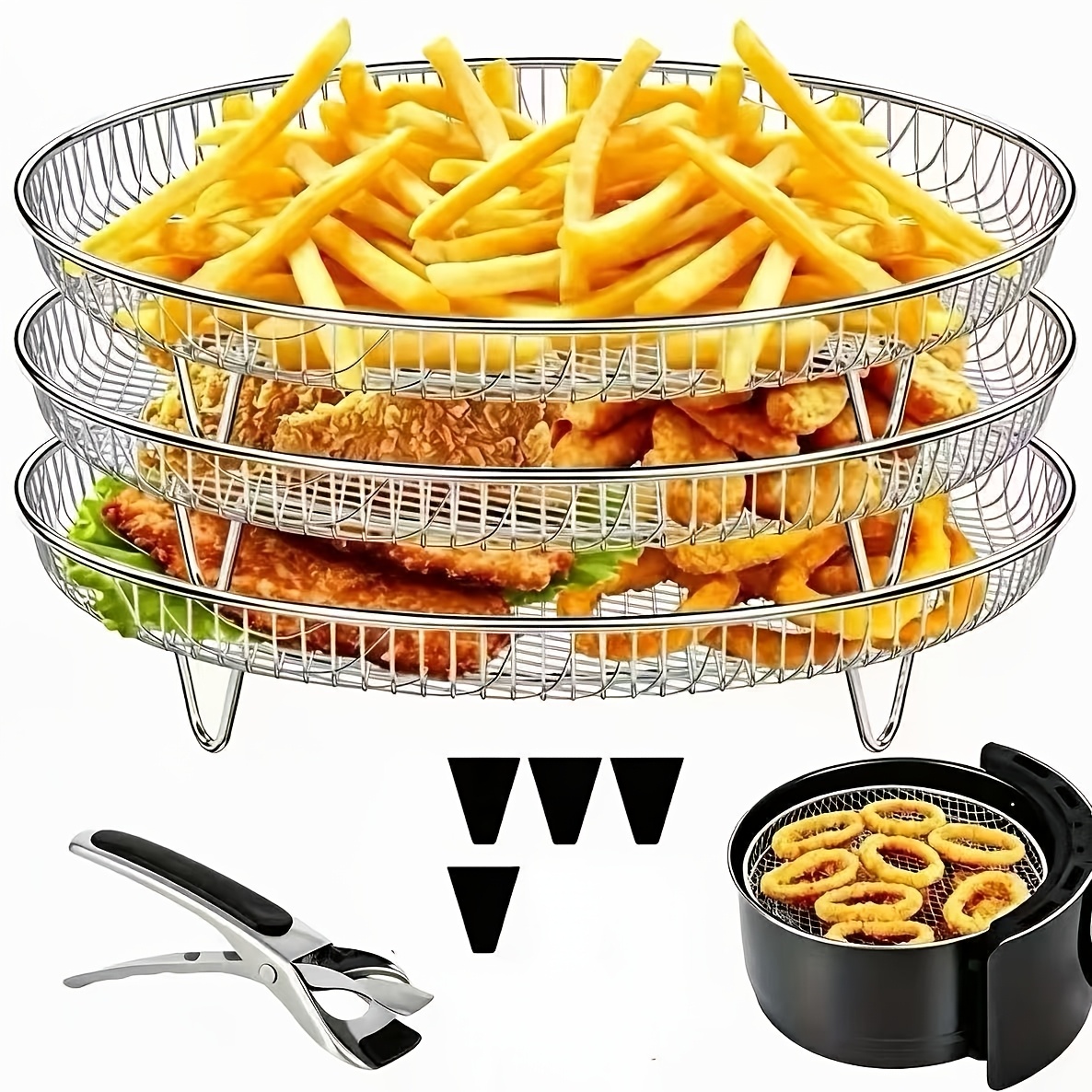 A Set of 8 Stainless Steel Air Fryer Dehydration Racks with Clips, Reusable Stacking Racks for Round Air Fryers, Suitable for 4.2QT-5.8QT Air Fryers, Washable Baking Additions for Air Fryers