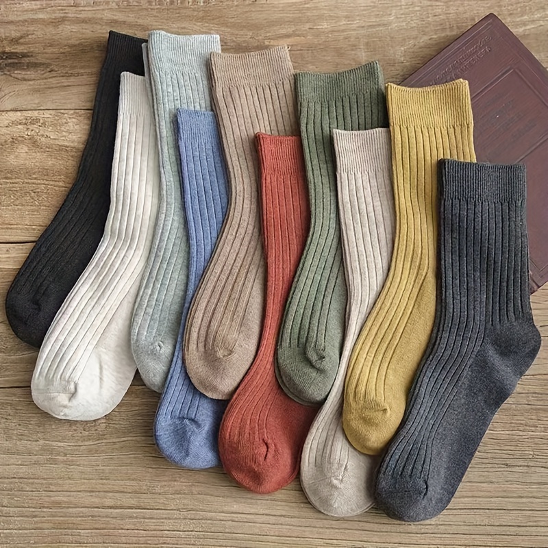 

10 Pairs Solid Ribbed Socks, Casual & Simple Vintage Style Mid Tube Socks For Fall & Winter, Women's Stockings & Hosiery