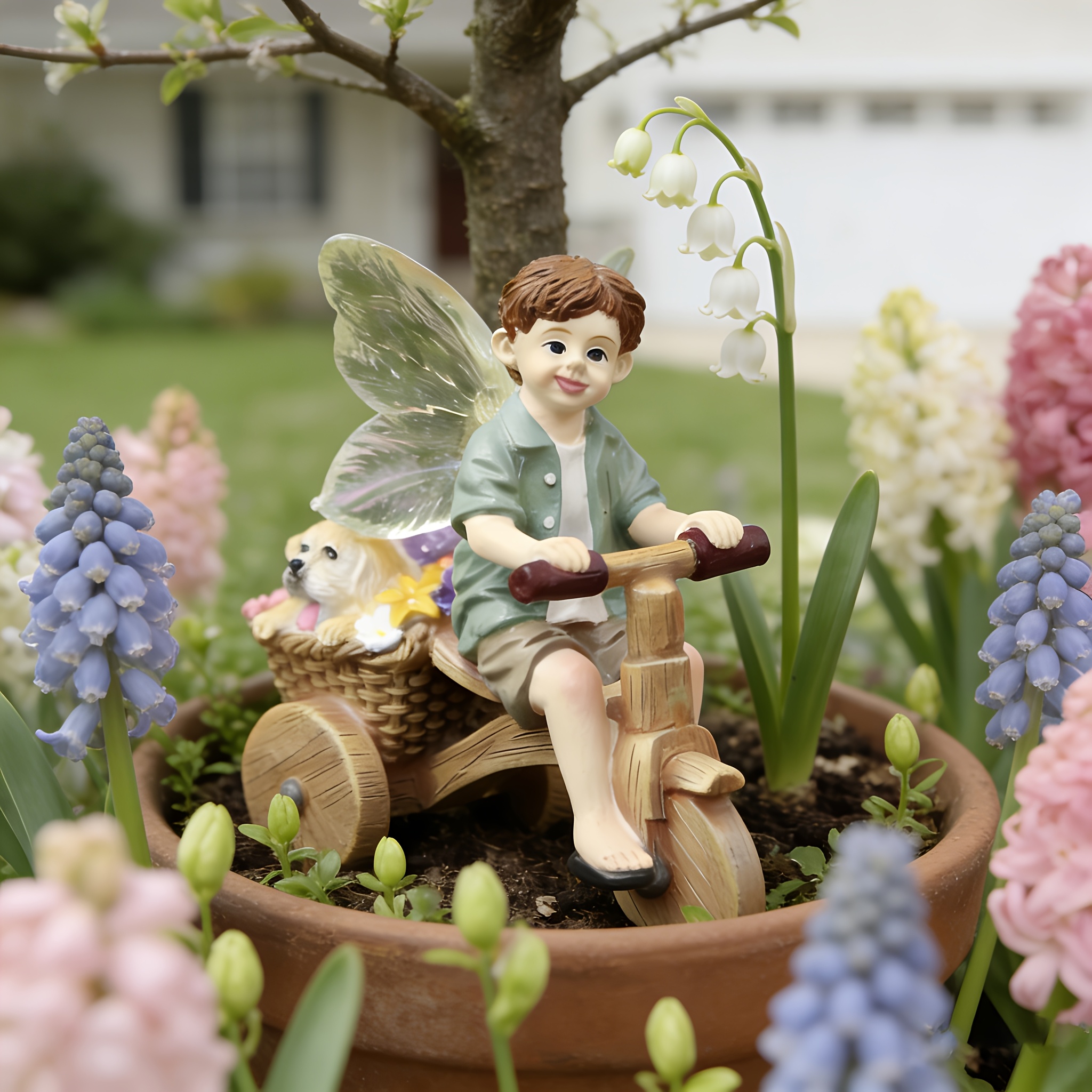 WEBETTER Älvpojke & Hund Ridande Skulptur Staty - Resin Utomhus/Bordsskulptur, Fantasifull Sagoträdgårdsfigur med Pojke & Husdjurshund, Miniatyr Resinstaty för Lekplatser & Landskap