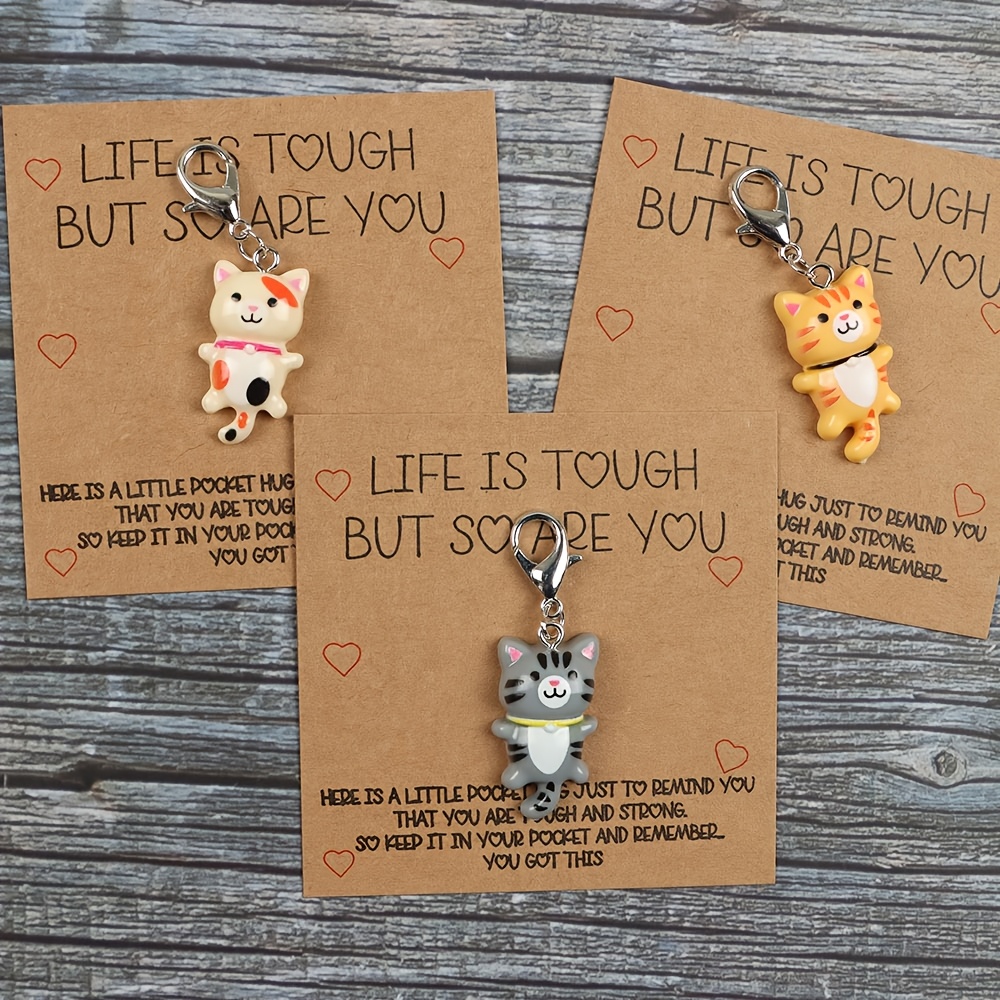 

3-pack Resin Cat Keychains With Encouragement Cards, Cartoon Hug Charms, Inspirational Gifts For Birthday, Wedding, Valentine's, Back To School, Halloween, Christmas