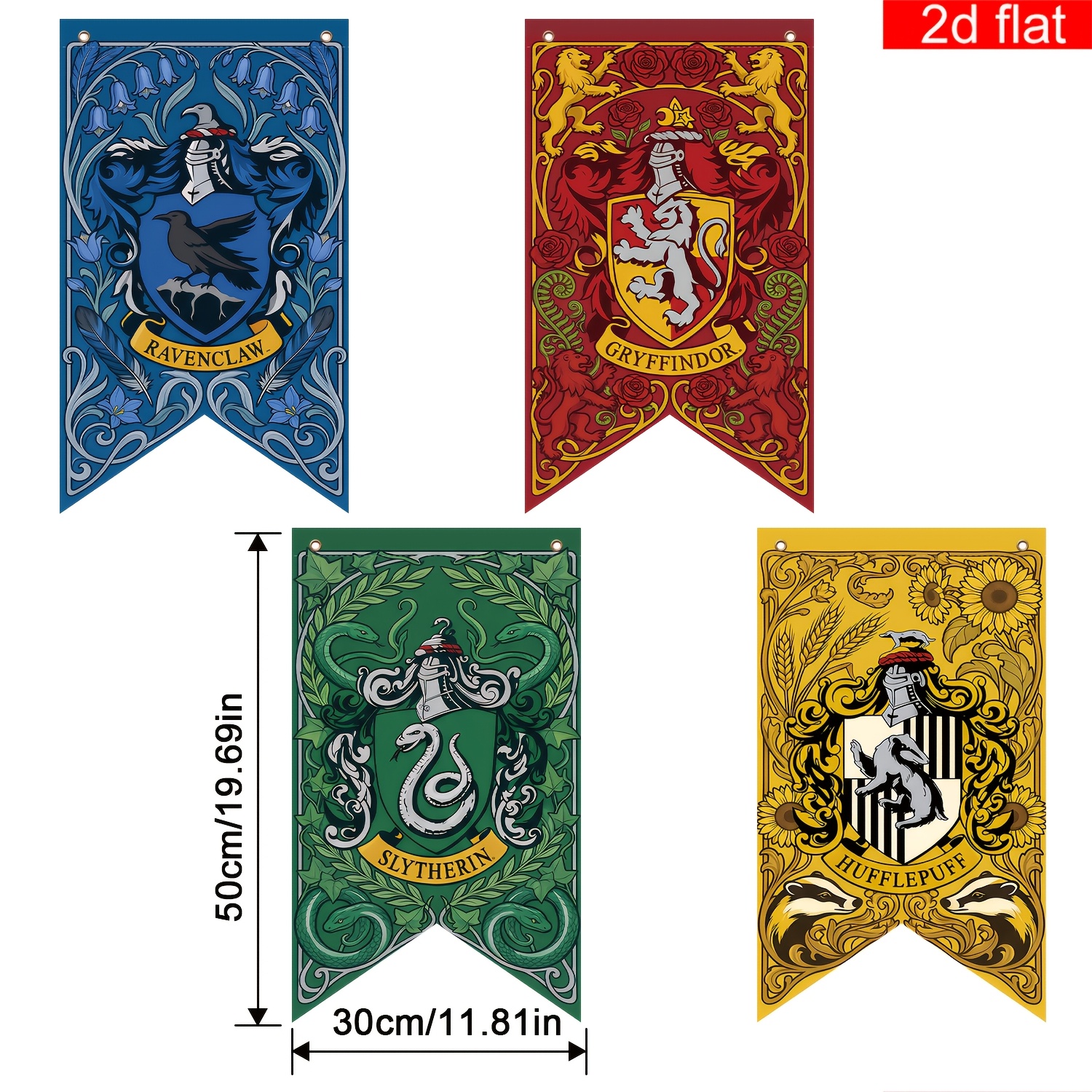 TEMU 2d Flat, 2d Flat Banners, 4pcs Harry Potter Themed Banners,, Full Set Of Floral Vine Shield Triangle Pennants, Hogwarts 4 House Flags, For Wall