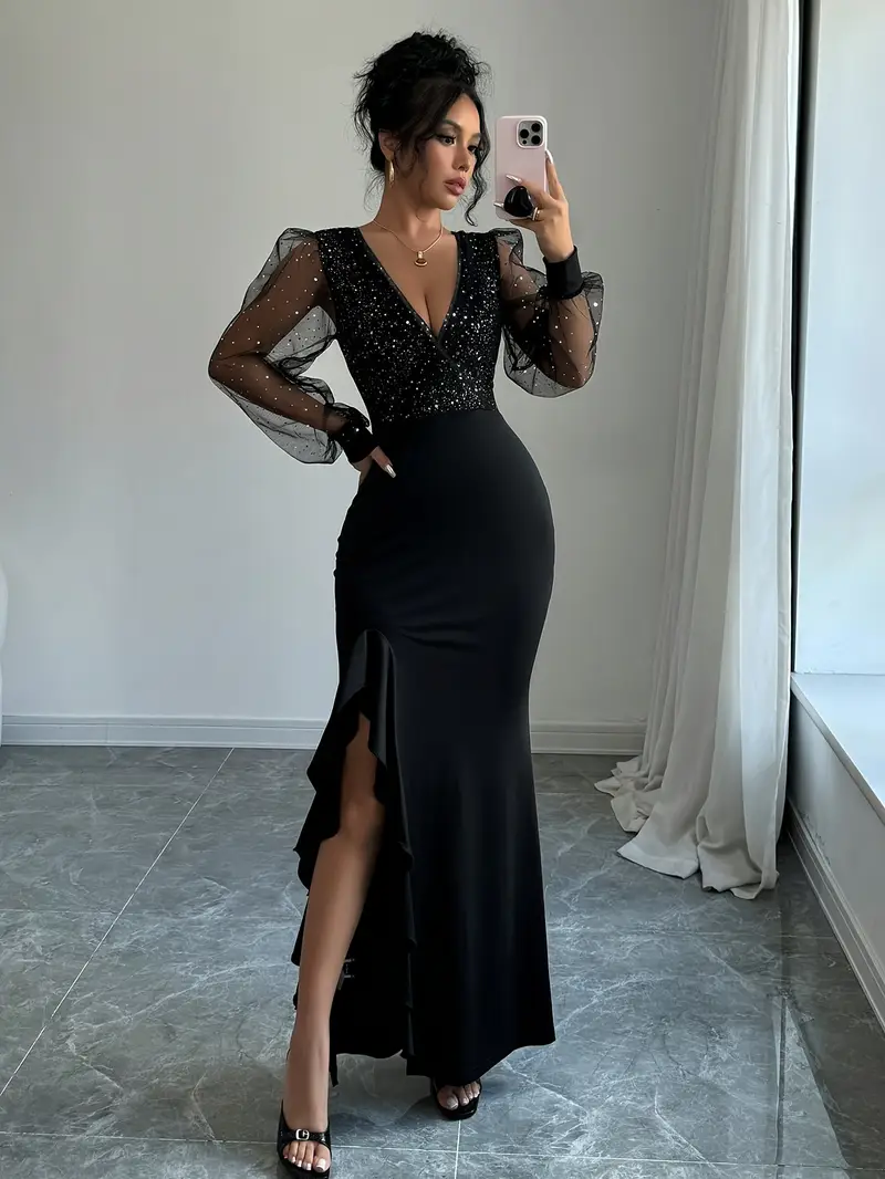 black sheer v neck dress Andrea V-neck Semi-sheer Chiffon Maxi Dress, Black S