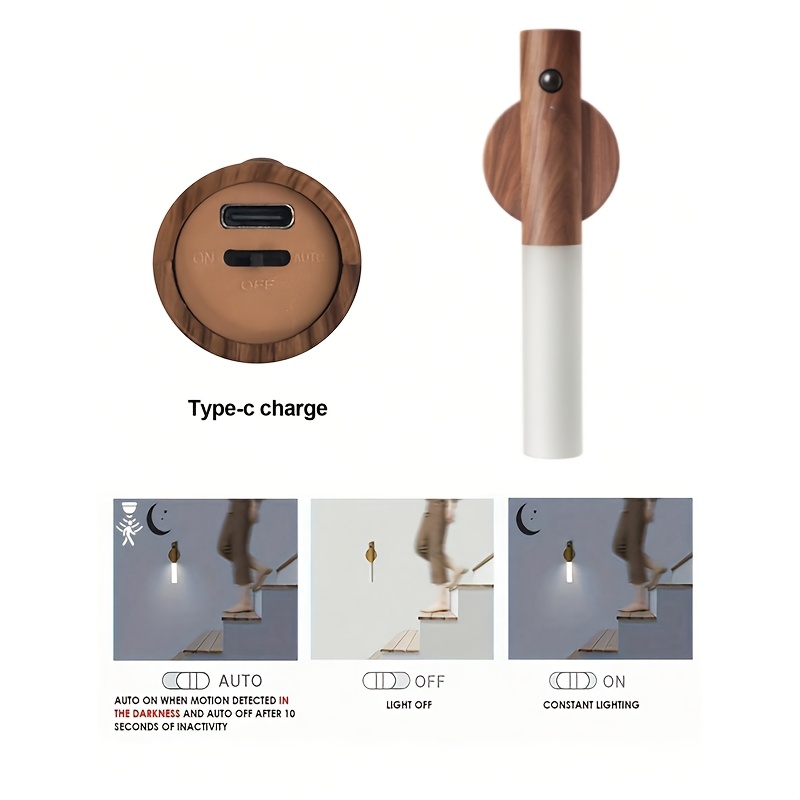 1pc 3pcs motion sensor night light magnetic wall lamp usb rechargeable led   wireless staircase indoor wooden wall closet light for hallway details 3