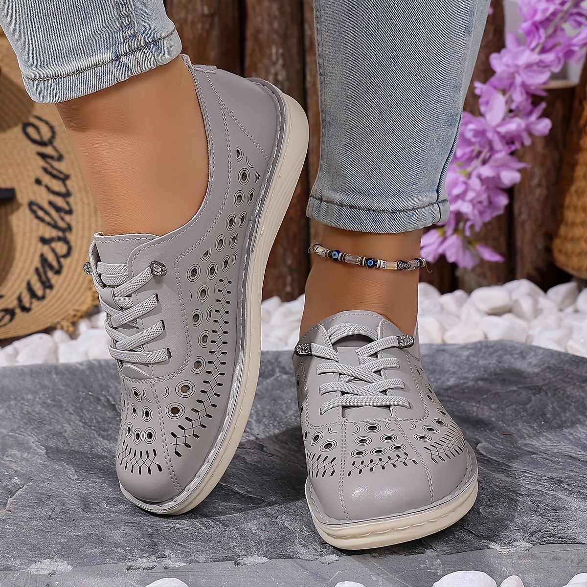 Women's Slip-On Loafers, Hollow-Out Design, Solid Color