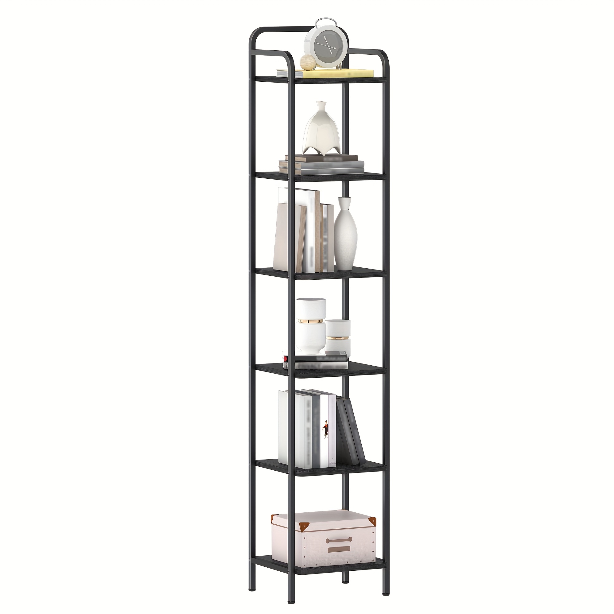 Bookshelf, Shelf, Standing Shelf, Narrow Bookcase, Industrial Corner Shelf, Slim Shelf For Home Office, Living Room, Bedroom, Kitchen, 6 Tiers -black