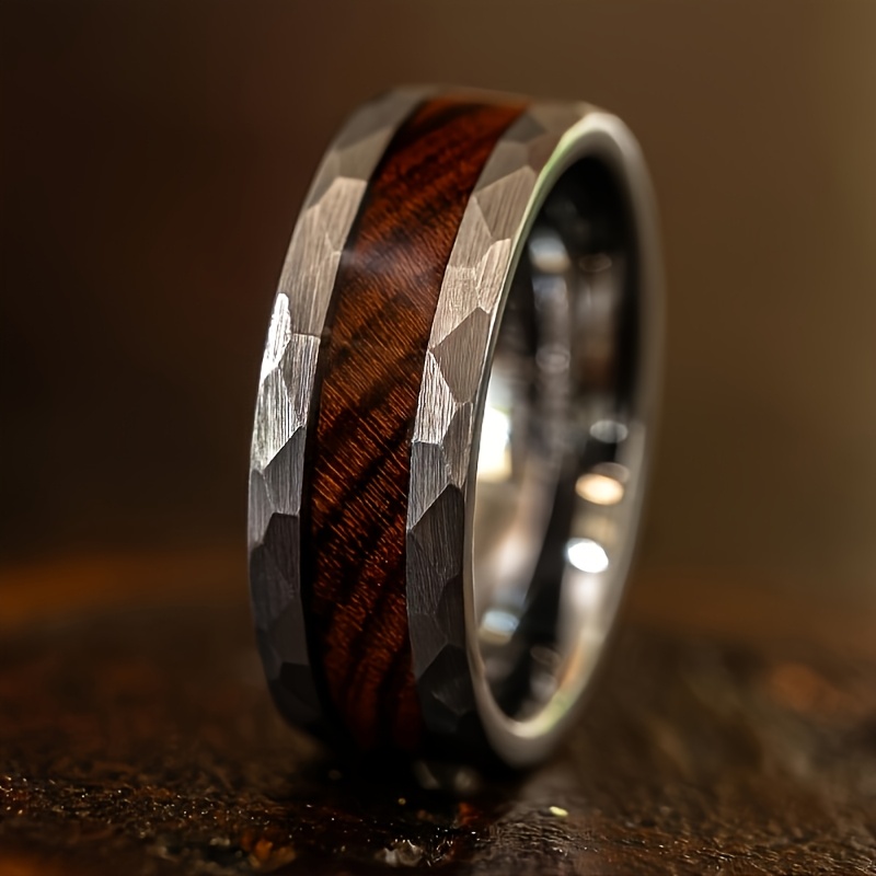 Image of 8mm Men's Fashionable Hammer Patterned 316l Stainless Steel Ring, Handmade Men's Ring, Inlaid With Exotic Wood Grain, Engasynthetic Gemstoneent Ring, Polished, , Jewelry Gift