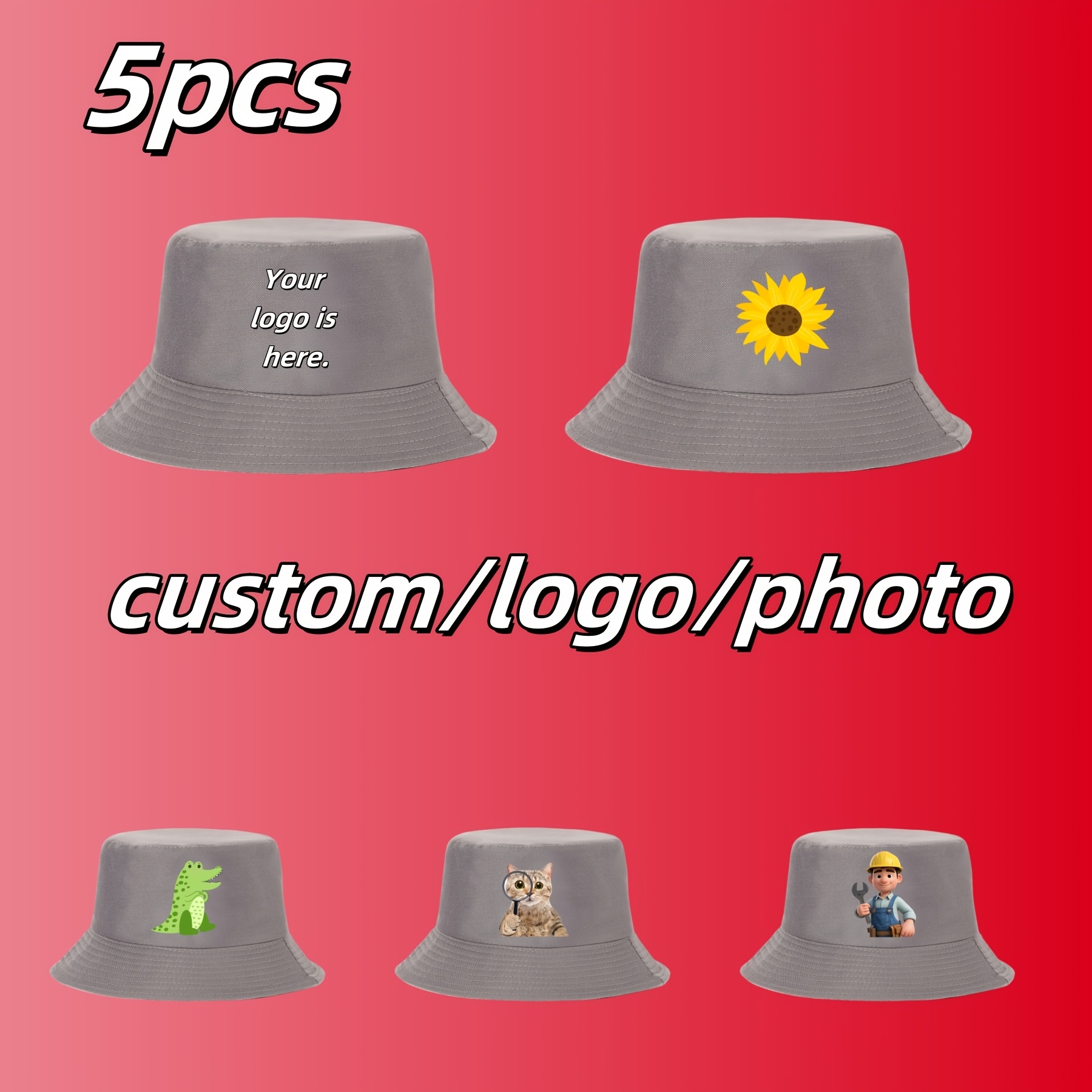 5pcs Custom Logo Double-Sided Bucket Hats