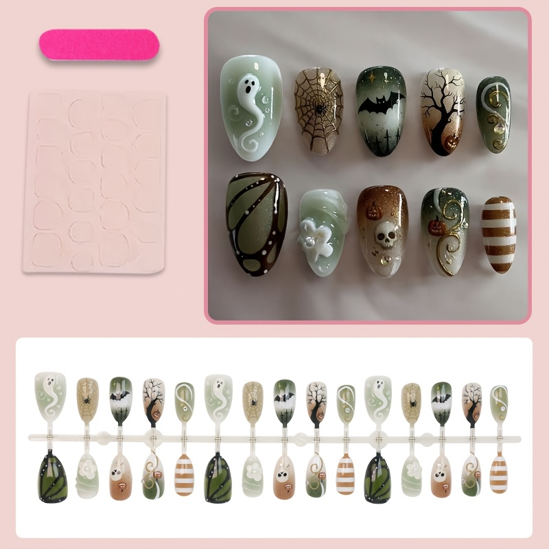 TEMU 30pcs Medium Almond Press On Nails, Halloween Fake Nails With 3d Pumpkin,, , , Candy Corn, Bat & Haunted House Pattern, Glossy Trick Or Treat