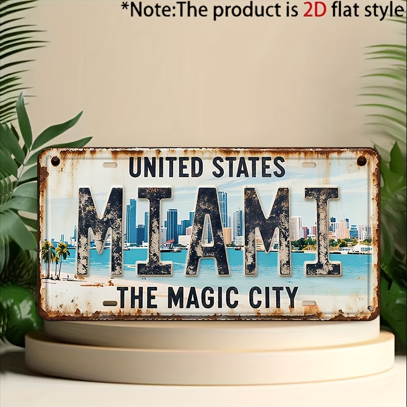 TEMU 2d Flat, 2d Flat - Decorative , 1pc, Vintage Miami Metal Decorative Plaque And Ornament, Country Style Wall Decor, Suitable For Men's Caves,