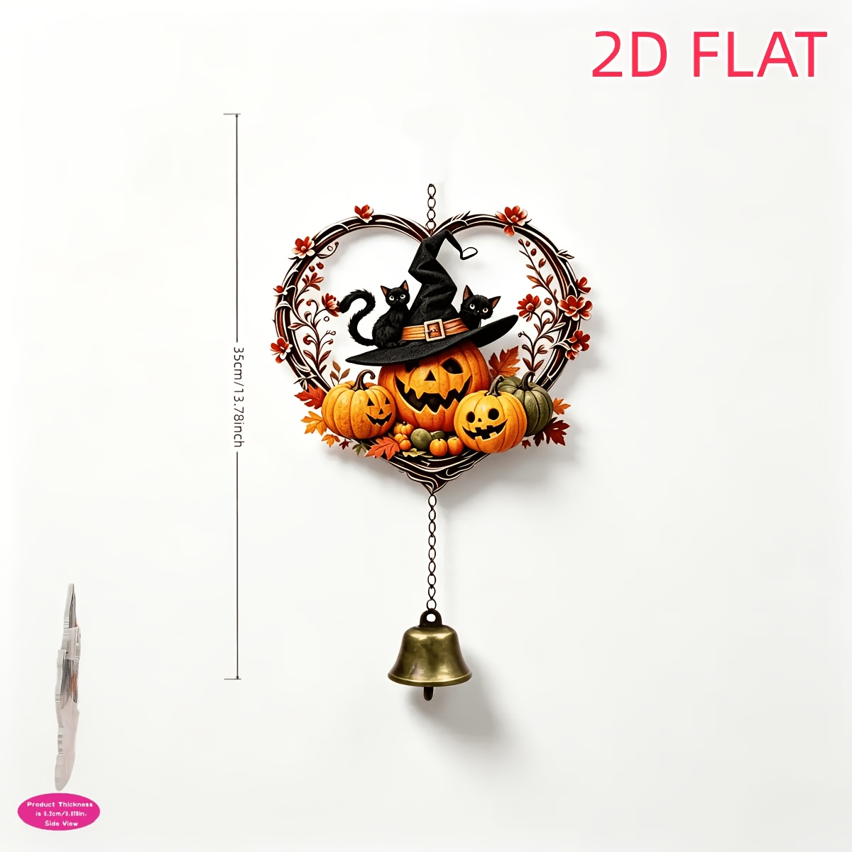TEMU Halloween Heart-shaped 2d Flat Wind Chime Ornament, Witch Hat Pumpkin Black Cat Pattern , Vintage Floral And Leaf Border Design, Outdoor