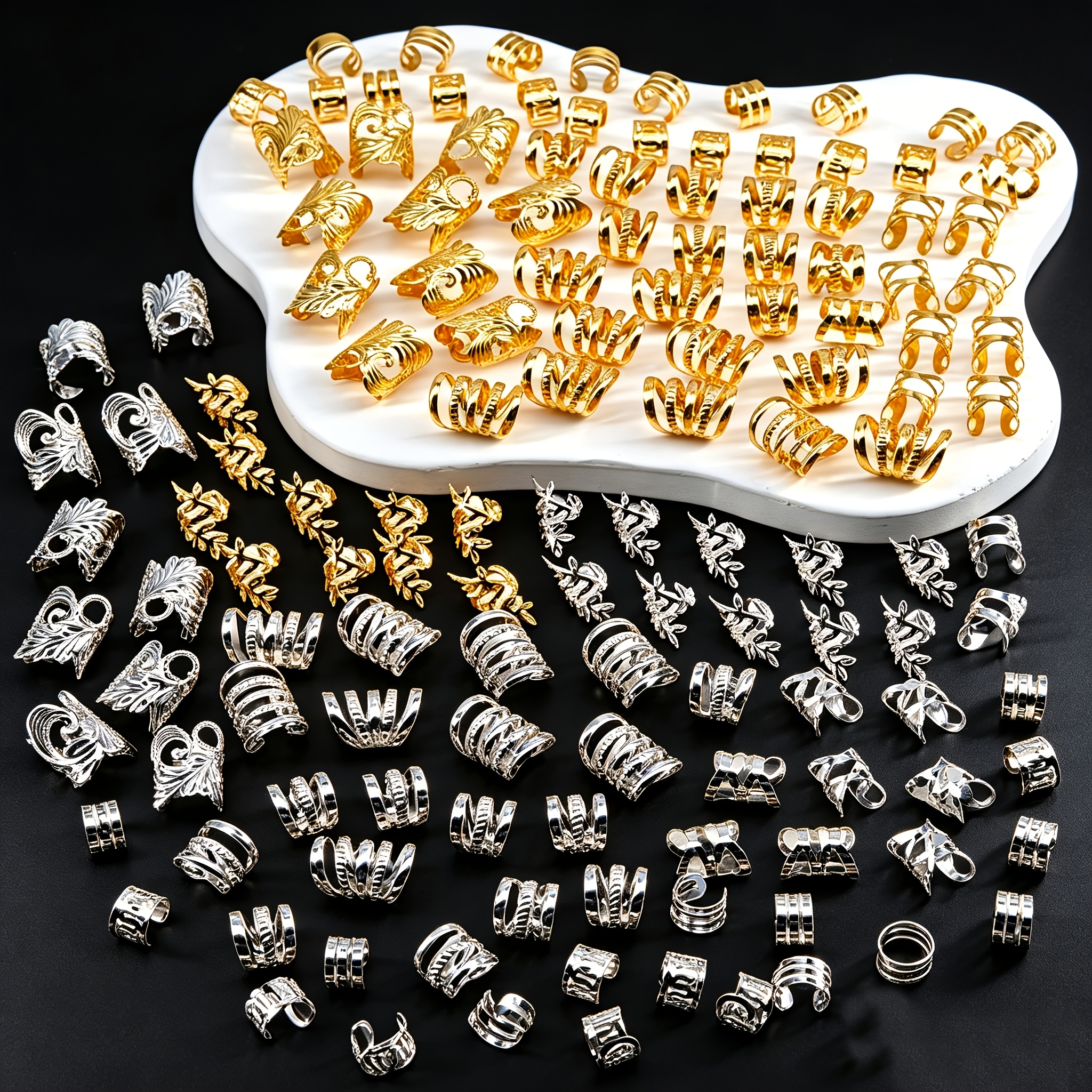 TEMU 140pz Gioielli Dorati Argentati per , Braccialetti per Capelli in Metallo Vuoto Regolabili, Anelli con Perline per Dreadlock, Accessori Vintage