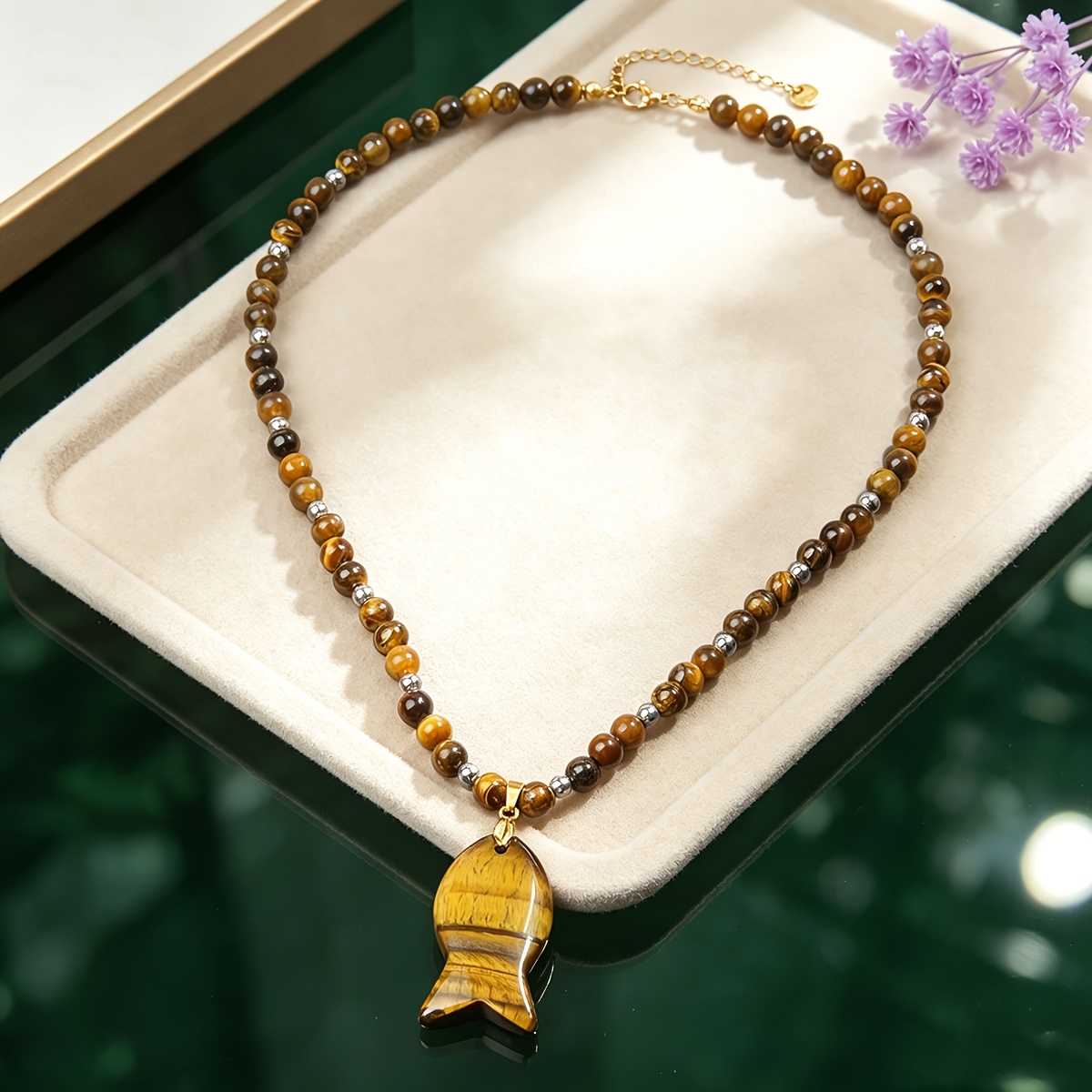 Natural Tiger's Eye Round Bead Necklace with Fish-Shaped Pendant