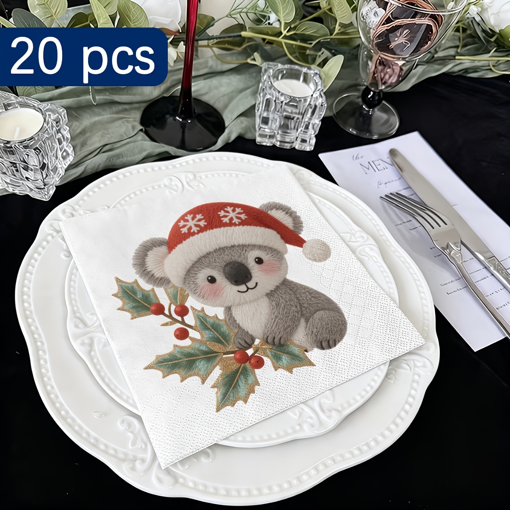 TEMU 20pcs Pack Of Australian-themed Disposable Koala & Holly Napkins Suitable For Christmas Table Decor, 2-ply Paper Napkins With Santa Hat Koala