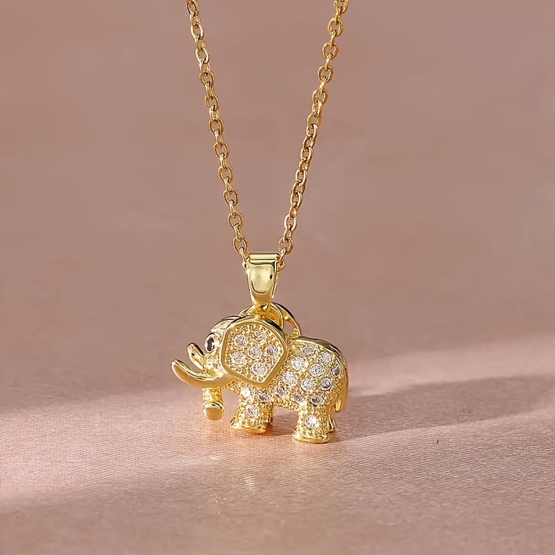 

Chic Golden-tone Elephant Pendant Necklace With Sparkling Glass Accents - Trendy Clavicle Chain For Girls