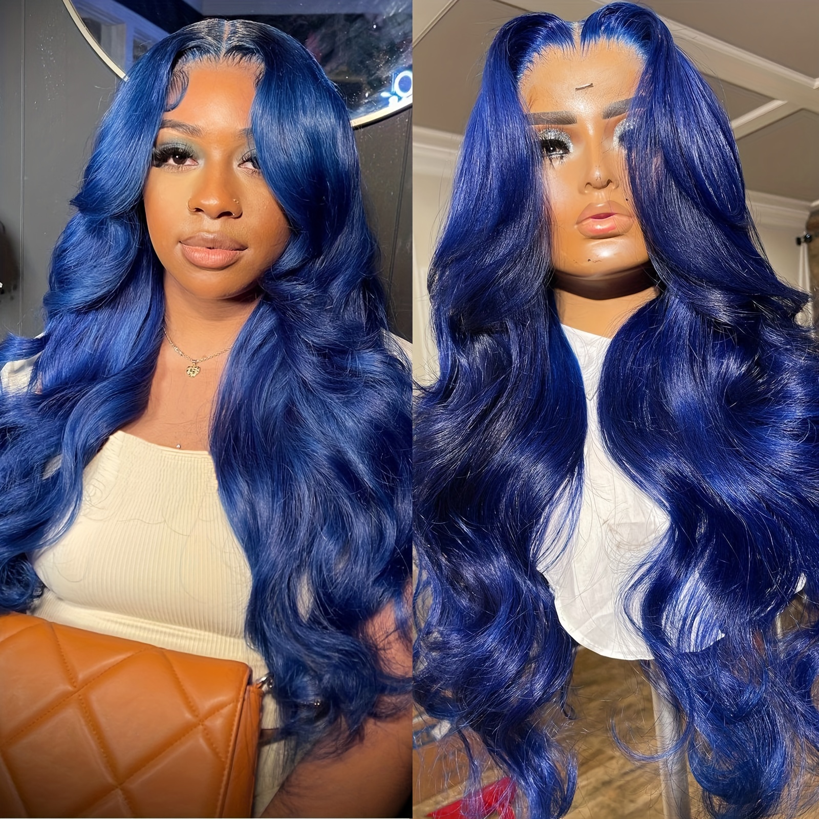 13x4 navy blue curly wigs lace front glueless wavy wig cap