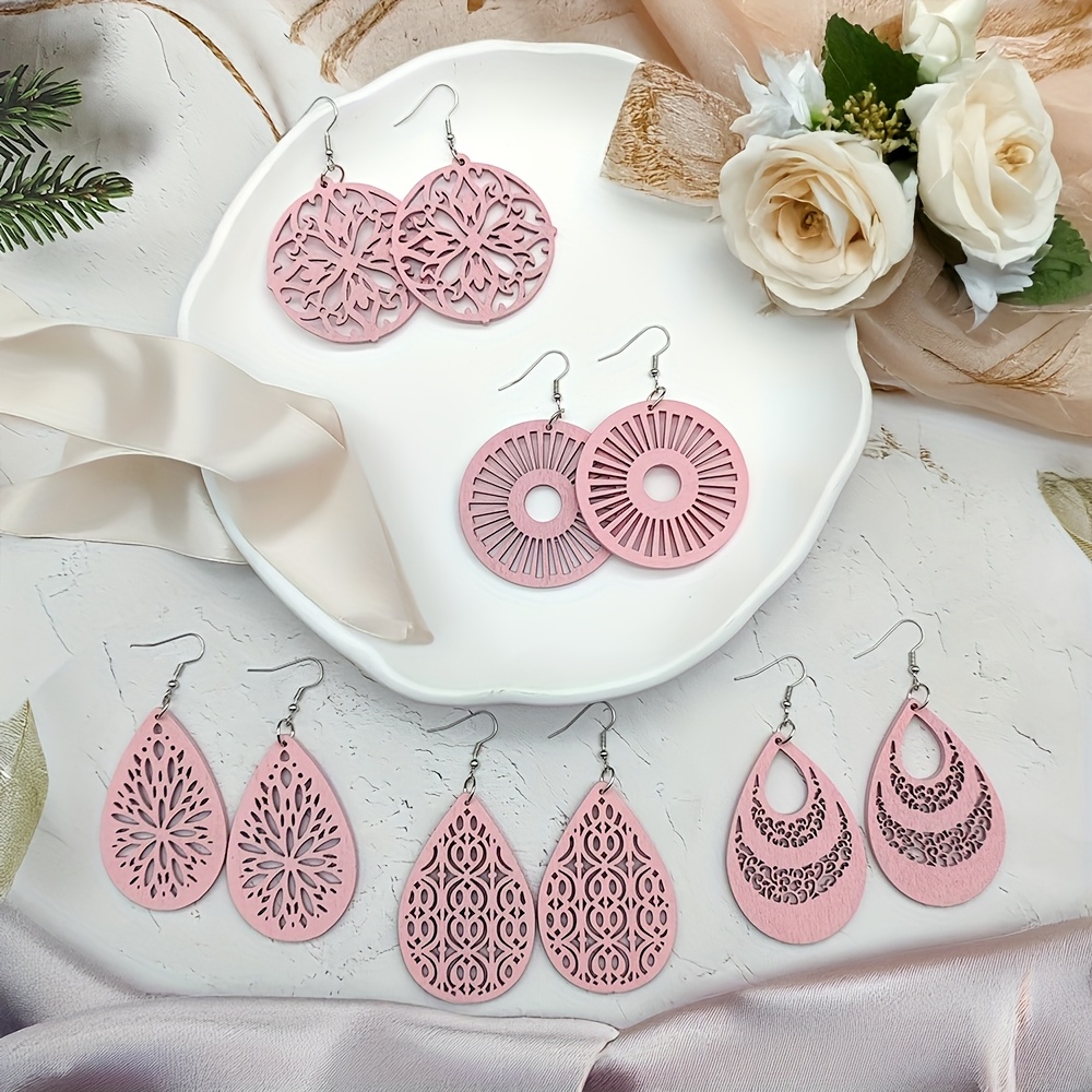 E-shop 5 Paar/Set Pinke Holz Hohle Geschnitzte Ohrhänger, Elegante Sexy Leichte Würdevolle Große Ohrringe für Damen, Ganzjahres-Feiertags-Ohrringe