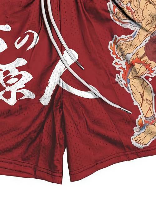 mens anime basketball shorts breathable double layer design with martial arts print red white drawstring waist for summer sports beach and fitness