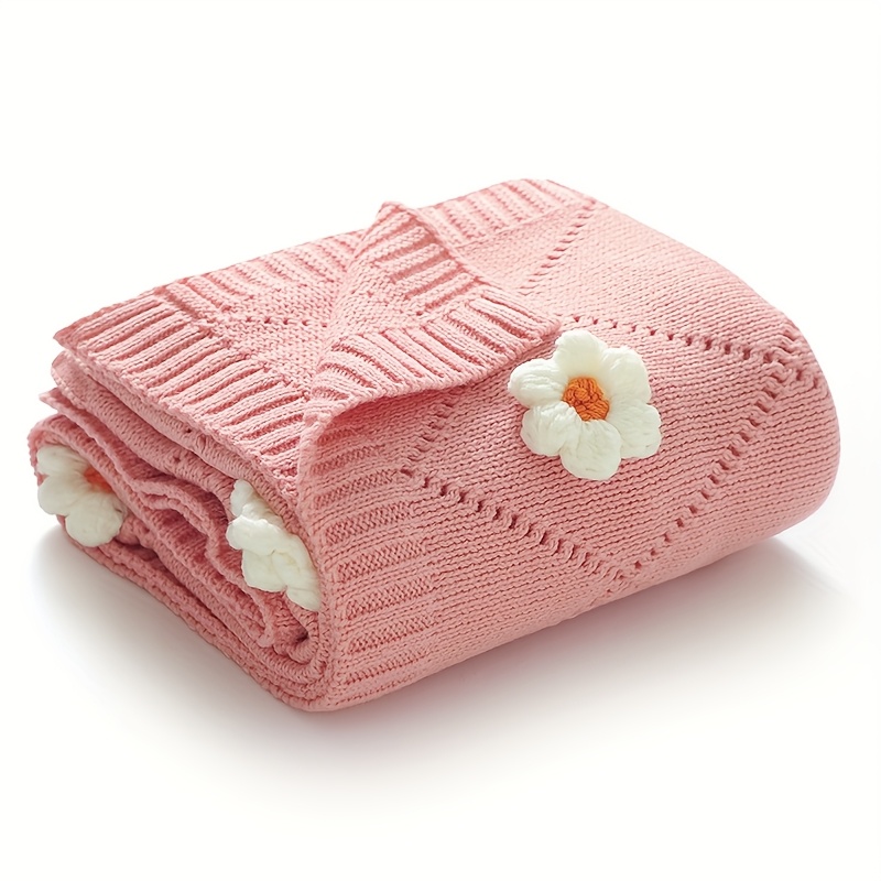 Cute Hand-Knitted Children's Blanket with Small Flower Design