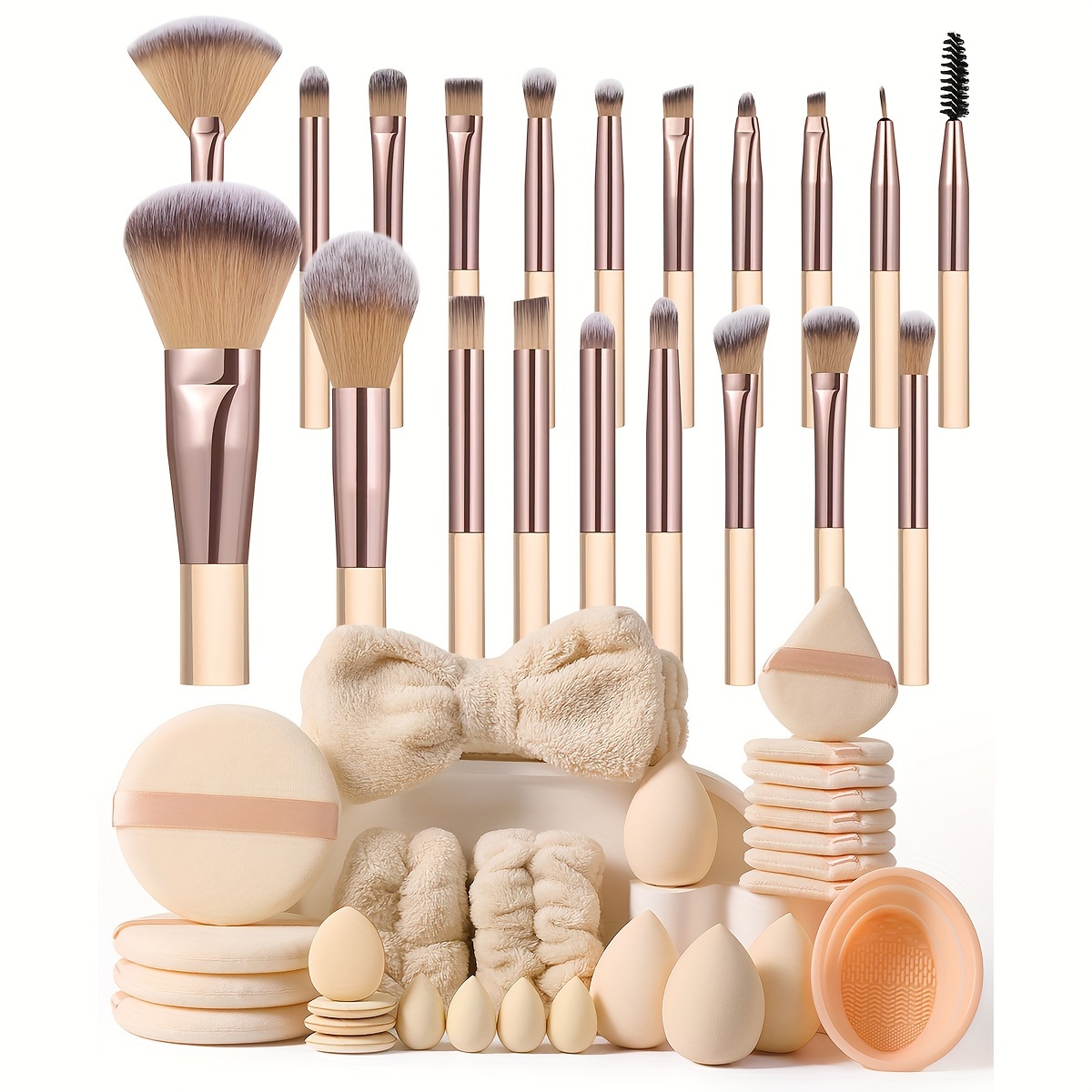 

48pcs Makeup Tools Set Including: 20pcs Makeup Brush Set+8pcs Makeup Sponges+8pcs Powder +4pcs Mini Powder +1pc Makeup Brush Cleaning Tools+4pcs Powder +2pcs Hand Bowl Strap+1pc Hairband, Makeup Kit,