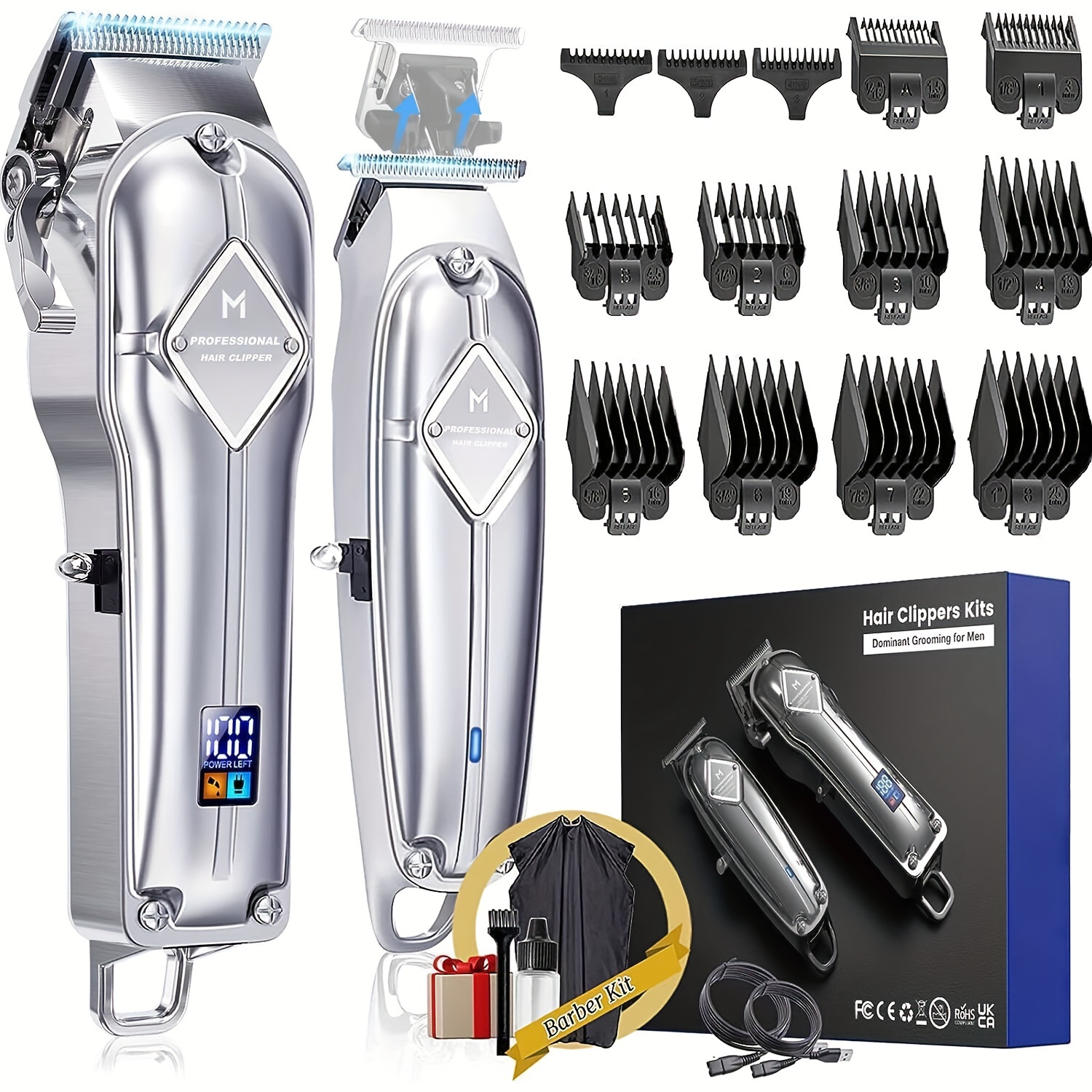 

Cordless Hair Clippers And Trimmer Kit For Men Barber Clipper + T Blade , Complete Hair Cutting Kits With 13 Premium Guards, Led Display