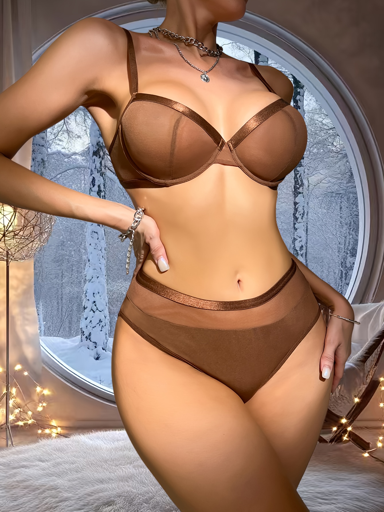 Solid Color Mesh Bra Set, Sexy Lingerie Panties, Women's Bra + Underwear Set