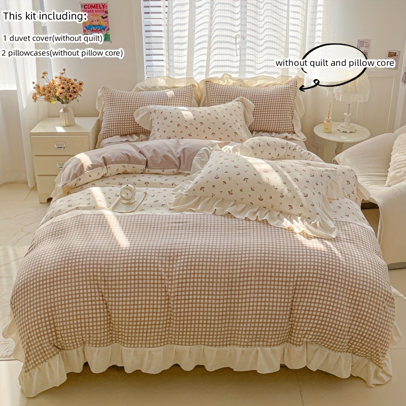Image of Khaki Checkered Print Double-tone Lace Bedding 3pcs Set Including Lace Duvet Cover And Pillowcases (filling Not Included), Duvet Cover With Zipper For , Comfortable And Soft Fabric, Suitable For