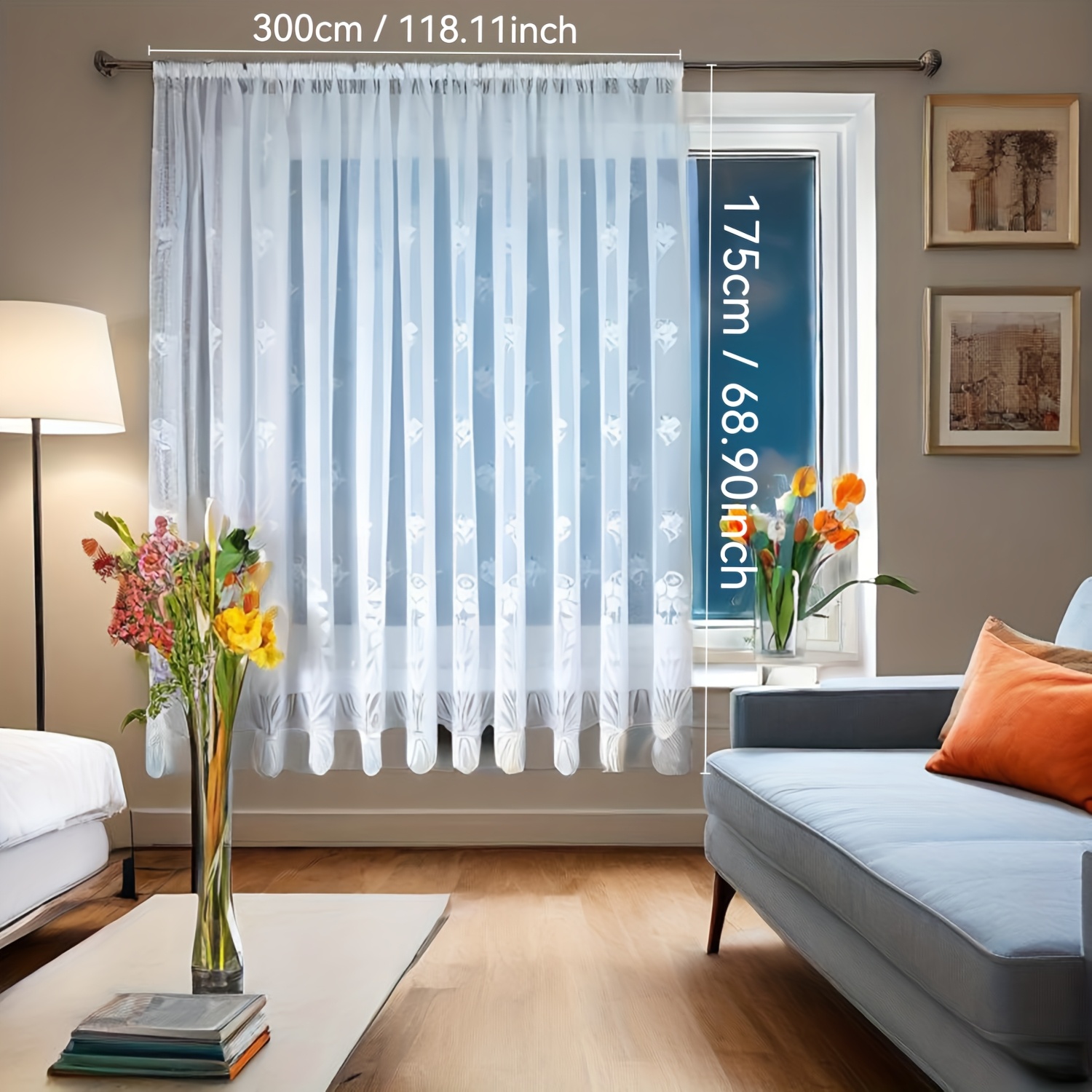 Image of 1pc White Size Wide Floral Pattern Sheer Short Valance, , With , Washable Polyester Short Curtains For Bedroom, Living Room, Kitchen - Arched, Light Filtering, Hook Loop Hanging, Living Room Curtains