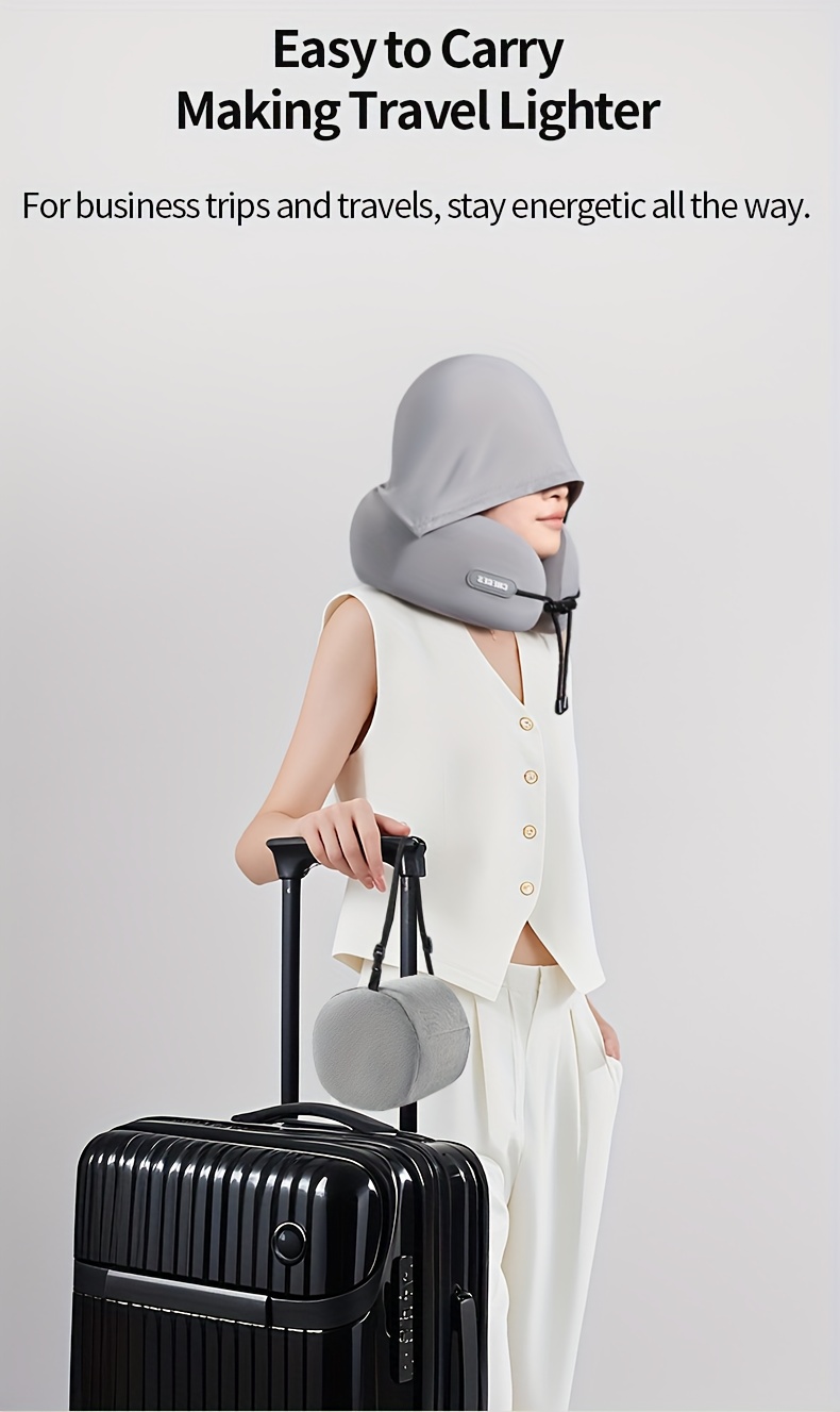 Car Hooded U-Shaped Neck Pillow, Adjustable Hooded U-Shaped Neck Pillow, Portable for Airplane Travel, Ice Sliky Fiber Fabric Slow Rebound U-Shaped Neck Pillow with Storage Bag