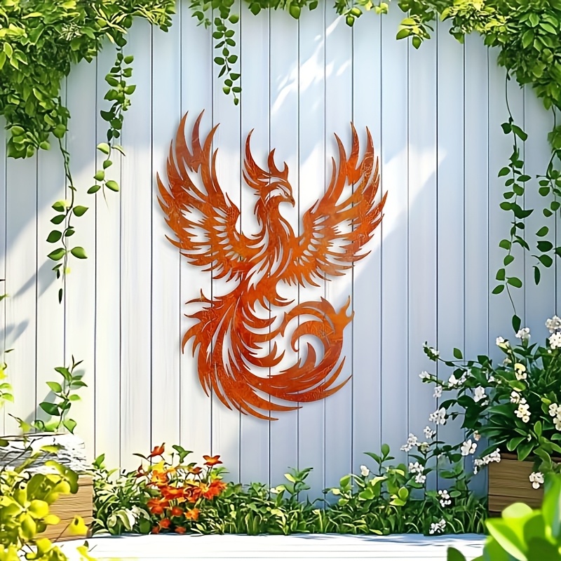 TEMU 1pc Of Phoenix Metal Wall Art, 15.75x11.69 Inches - Vibrant Red And Orange Metal Sculpture, Exquisite , Home, Courtyard, Balcony Decoration |