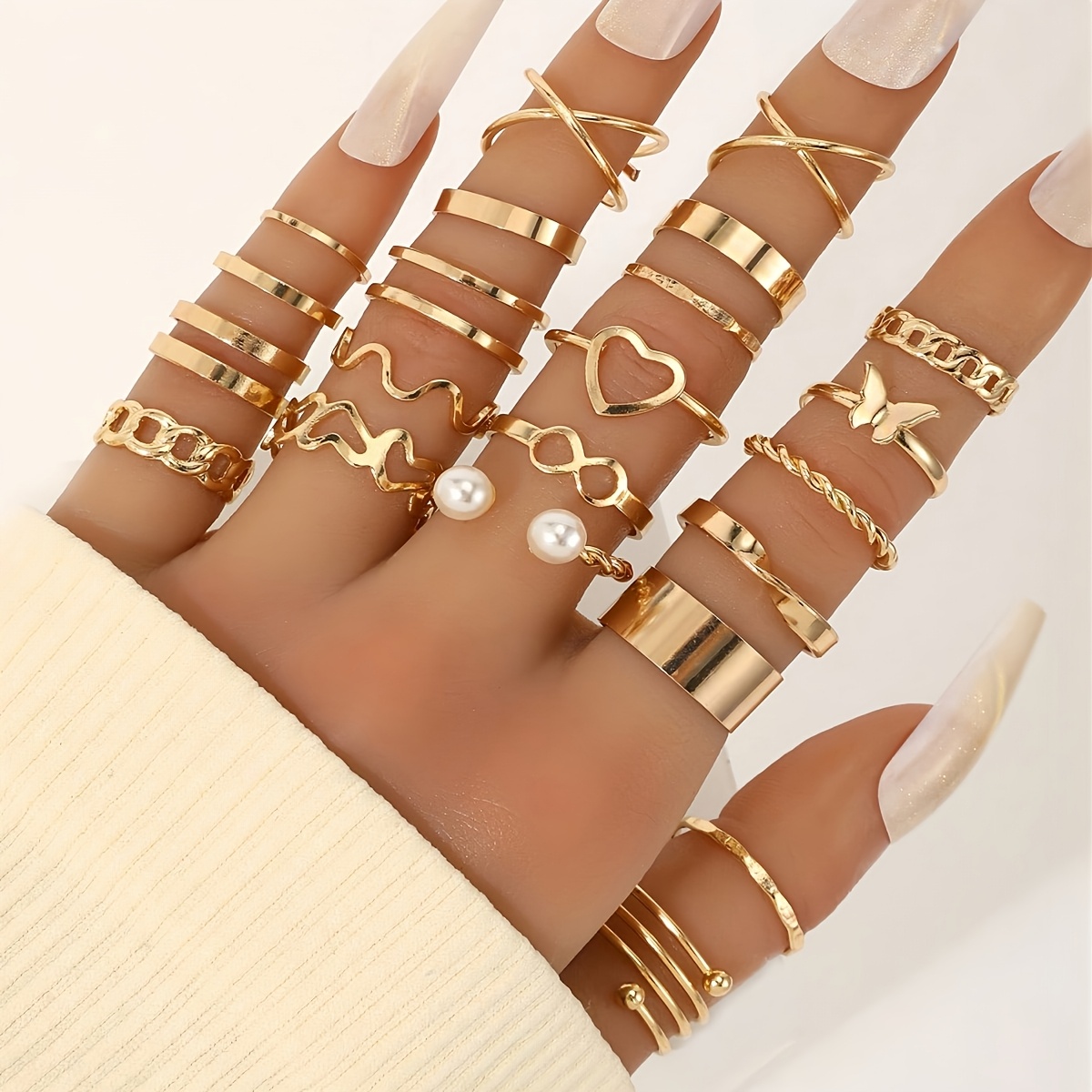 item picture 22pcs minimalist geometric metal stackable ring set womens peach heart shaped rings