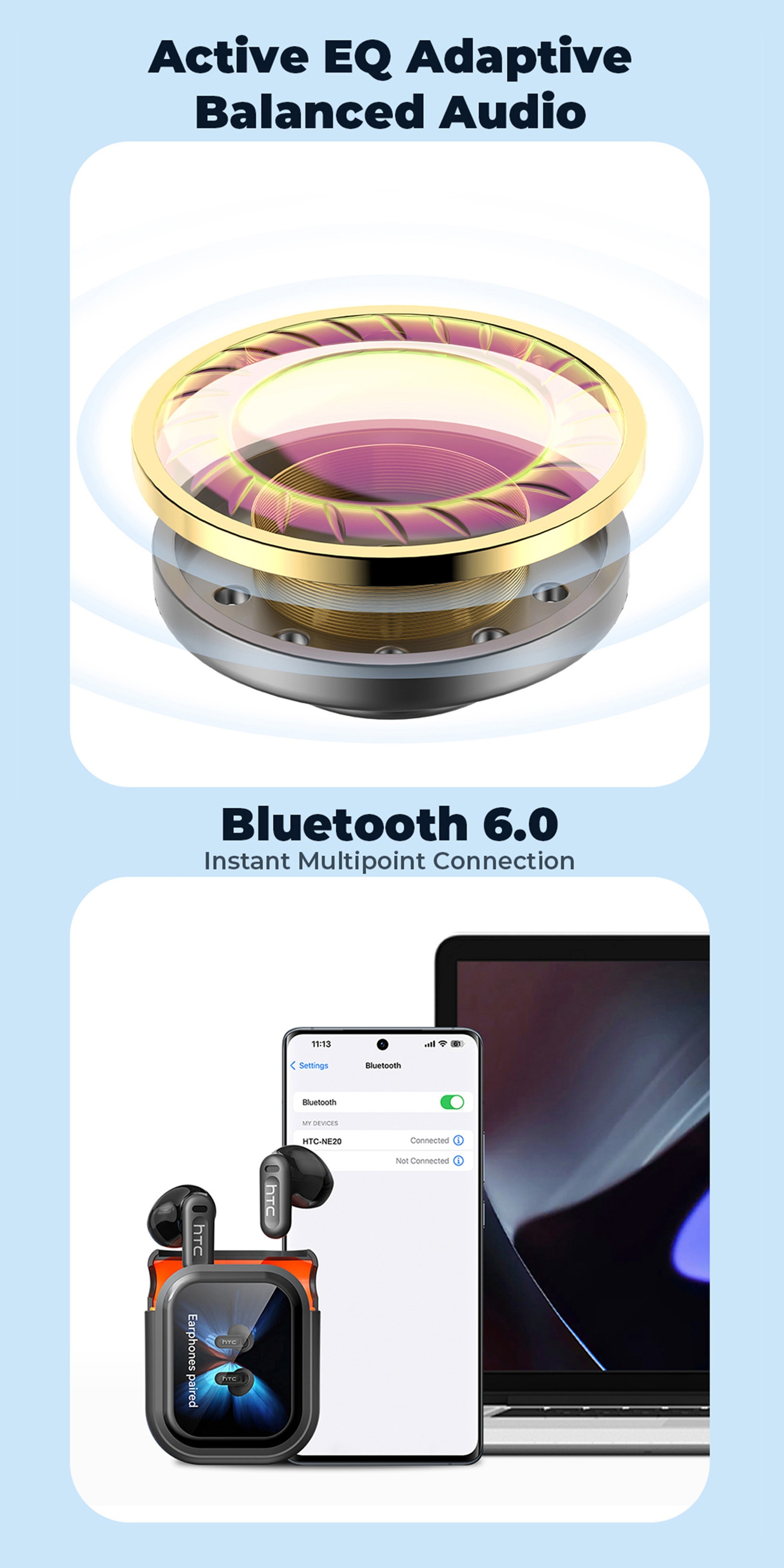 1pc HTC NE20 Wireless Translation Earbuds, Equipped with Translation for Over 136 Languages, Enabling Better Cross-linguistic Communication. Features V6.0 Low-latency Wireless Connectivity, Active Noise Cancellation for Undisturbed Sleep