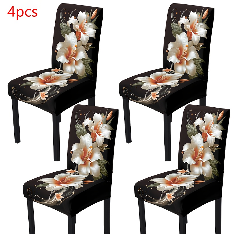 TEMU Set Of 4/6pcs Of Black Background Flower Printed Elastic Removable And Washable Chair Covers, Suitable For Restaurants, Hotels, Ceremonies, And